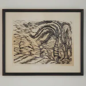 vintage tropical landscape block print artwork