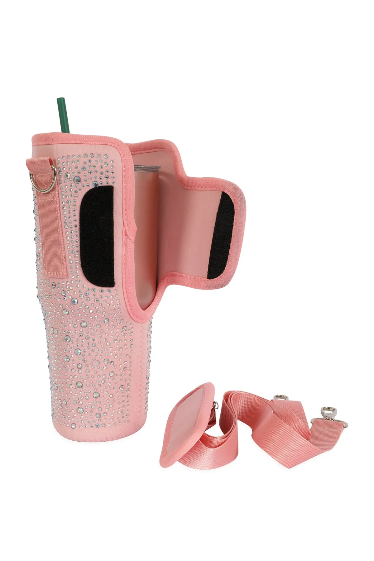 WATER BOTTLE CARRIER W/ GLITTER RHINESTONES ADJUSTABLE STRAP