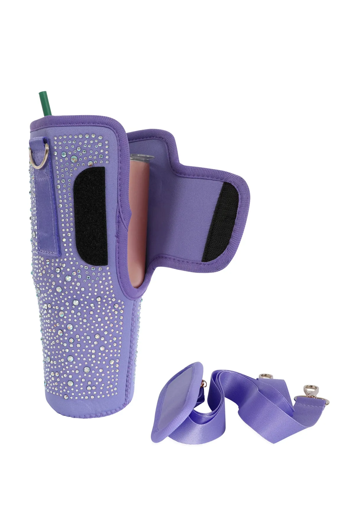 WATER BOTTLE CARRIER W/ GLITTER RHINESTONES ADJUSTABLE STRAP