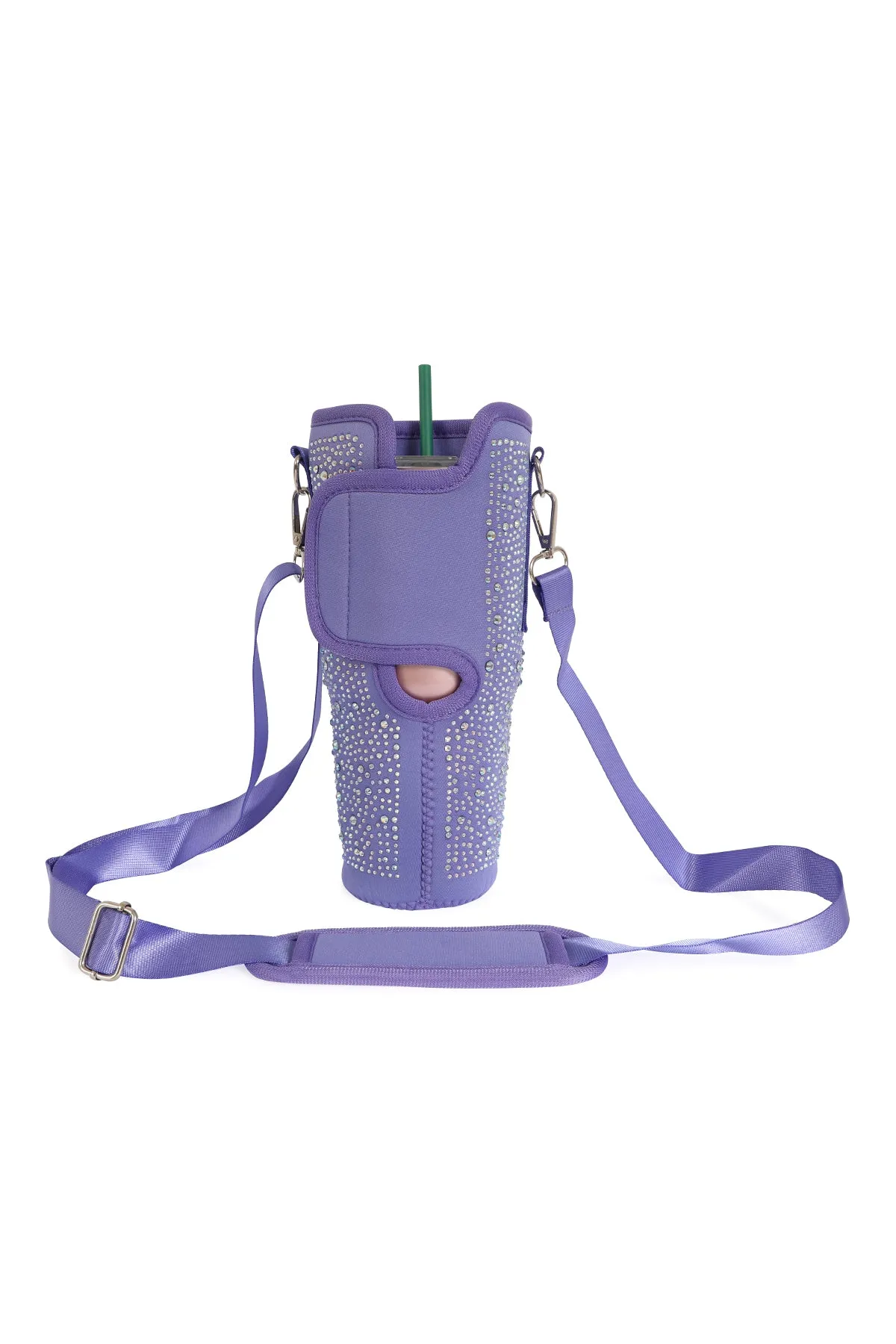 WATER BOTTLE CARRIER W/ GLITTER RHINESTONES ADJUSTABLE STRAP
