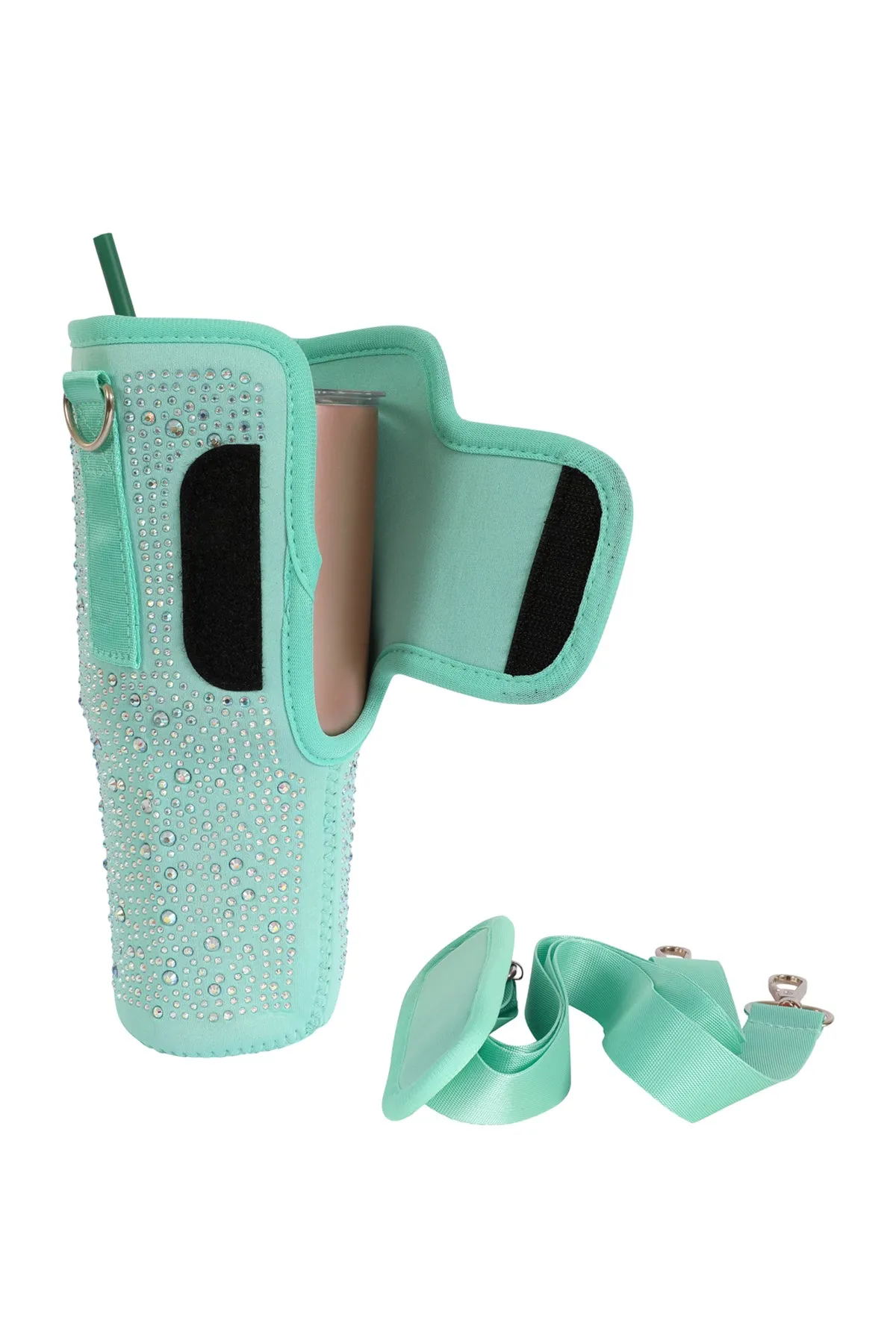 WATER BOTTLE CARRIER W/ GLITTER RHINESTONES ADJUSTABLE STRAP