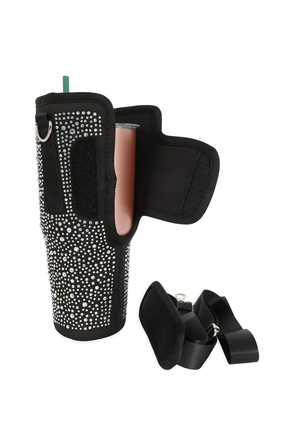 WATER BOTTLE CARRIER W/ GLITTER RHINESTONES ADJUSTABLE STRAP