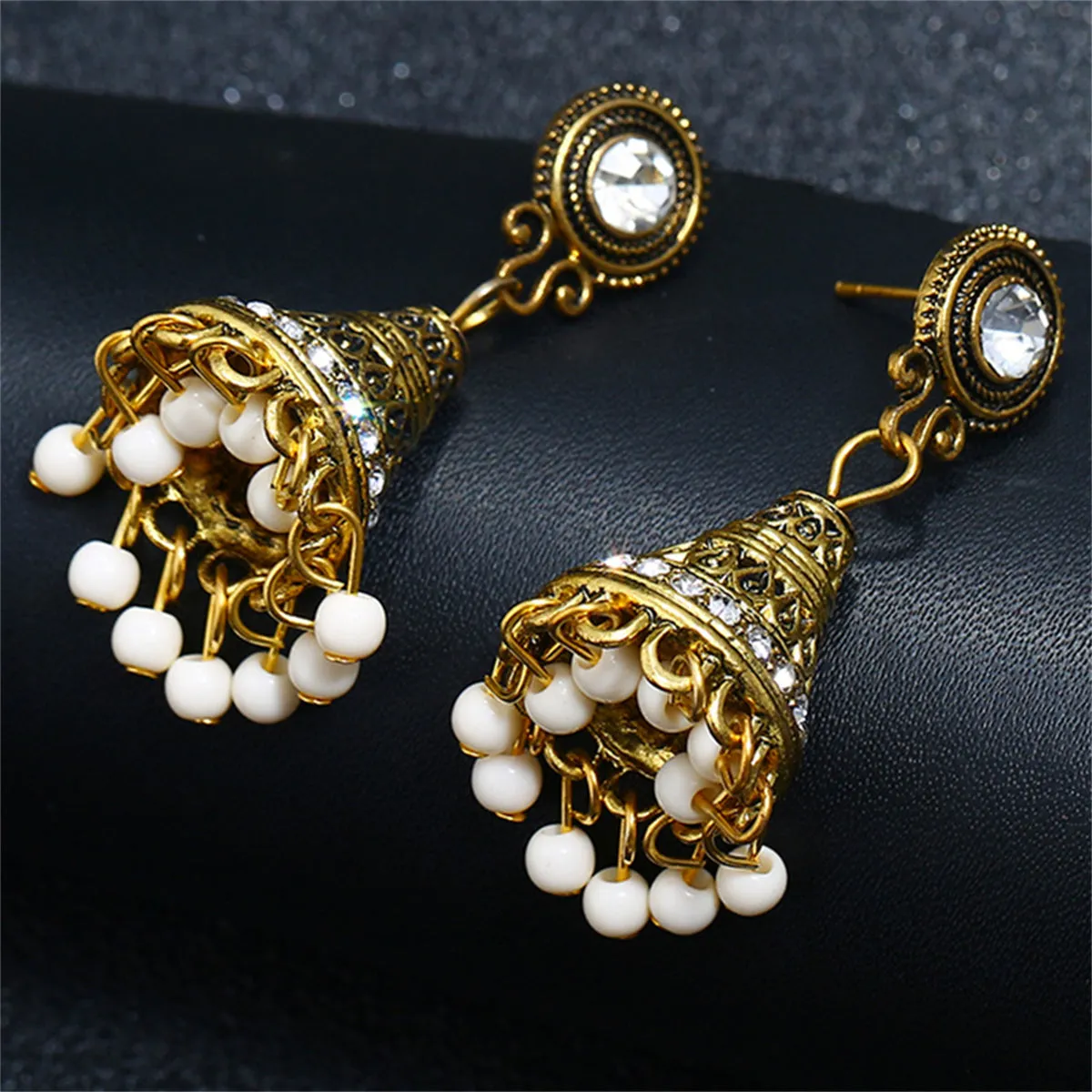 White Resin & Cubic Zirconia Beaded Tassel Drop Earrings