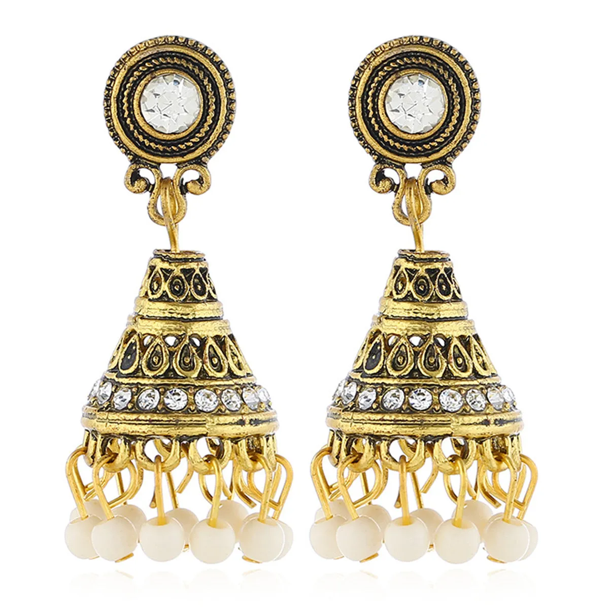 White Resin & Cubic Zirconia Beaded Tassel Drop Earrings