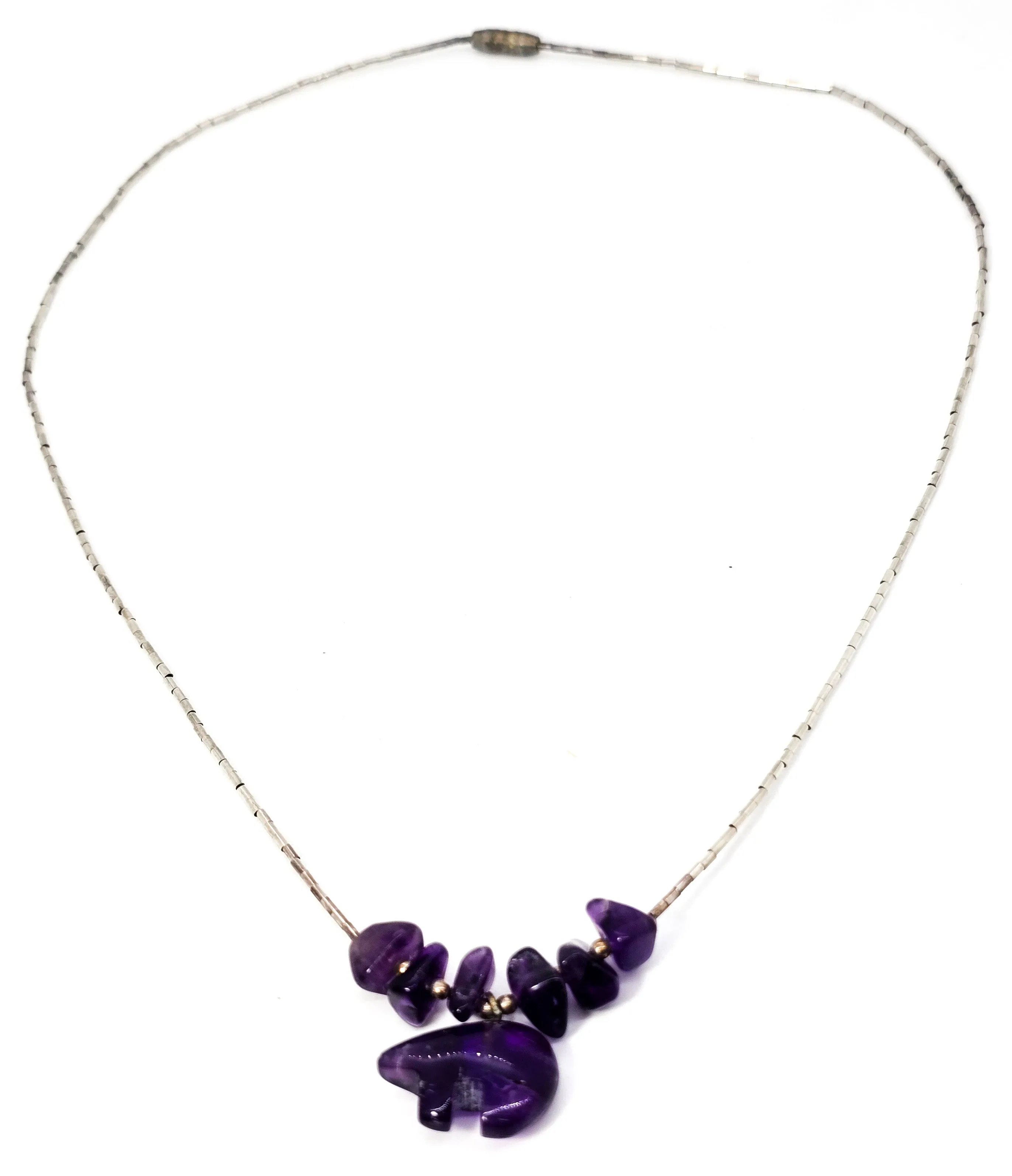 Zuni bear amethyst chip gemstone sterling silver liquid silver vintage necklace